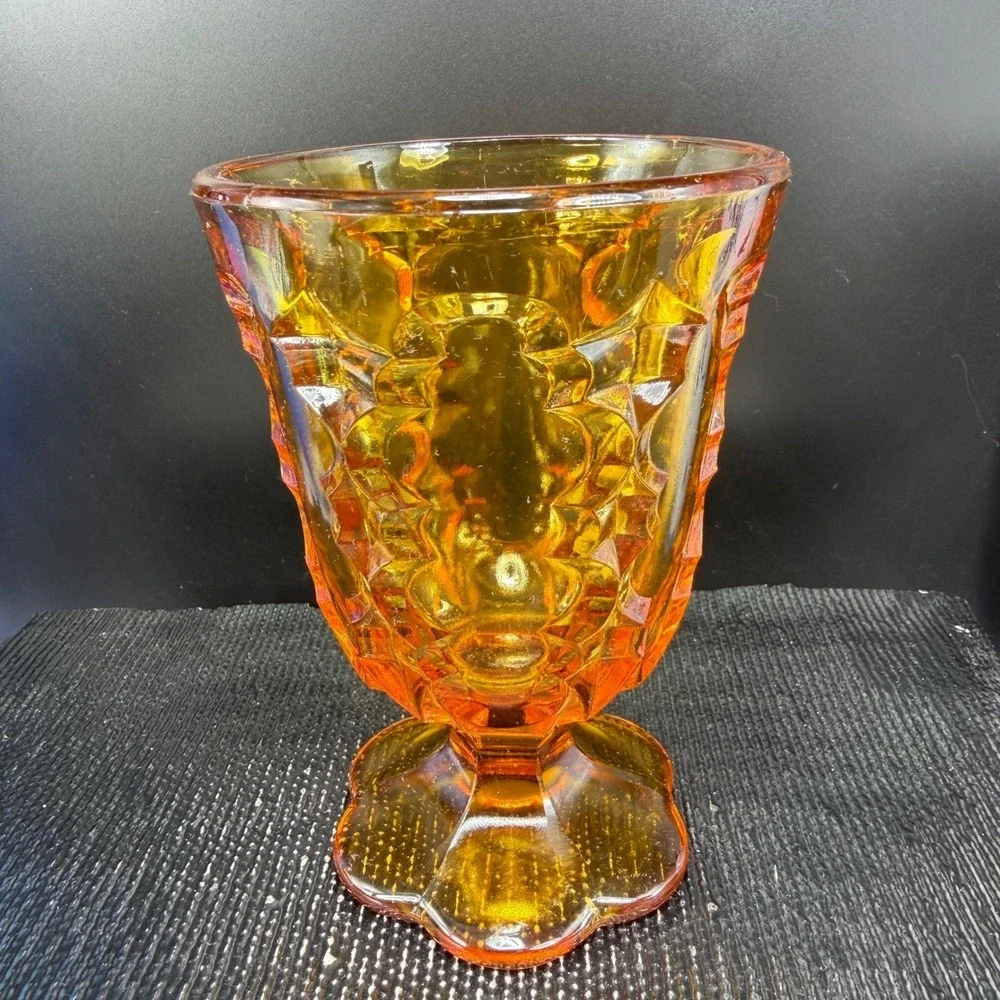 Vintage Amber Glass Goblet Diamond Starburst Footed Water Glass Cup VTG Decor‎